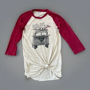 Techstyles‎ Santa Cruz Womens 3/4 Sleeve VW Bus Raglan Surfer Knot Red T-Shirt